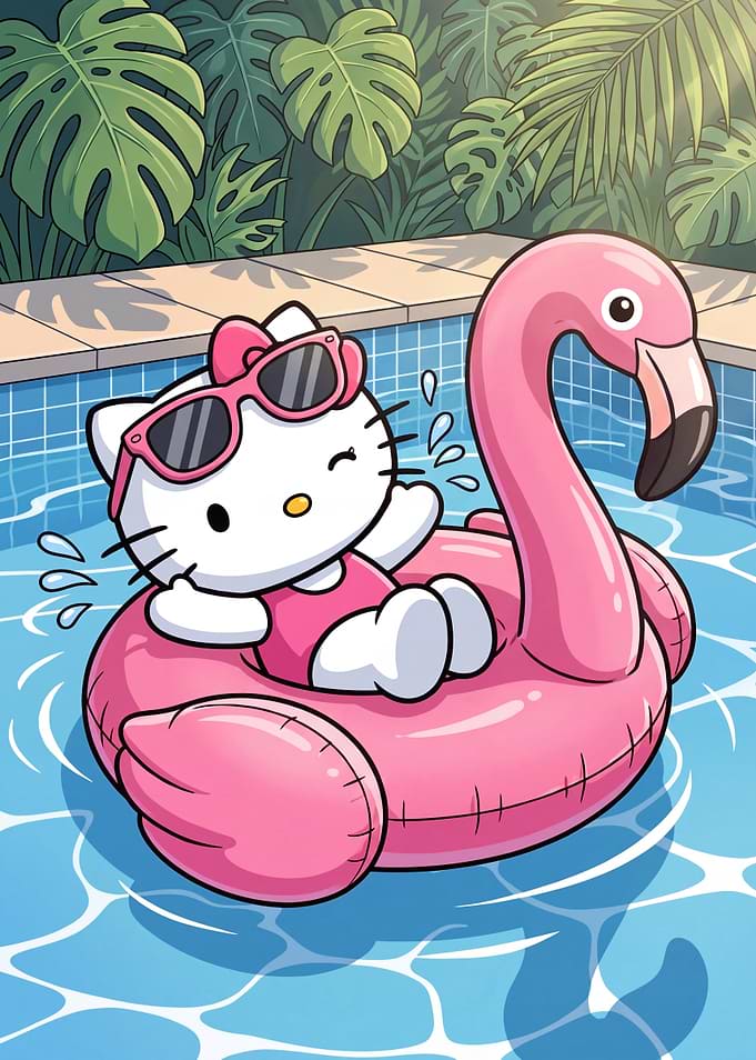 Hello Kitty Relaxing on Flamingo Float