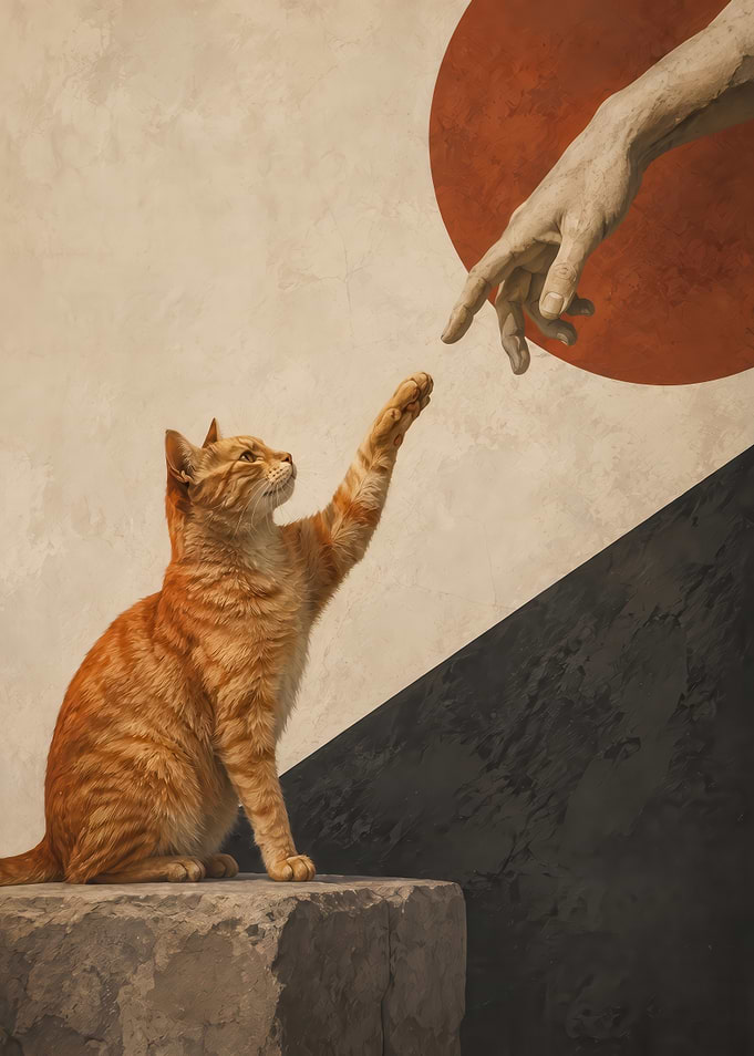 Ginger Cat Reaching Human Hand Renaissance Style Painting