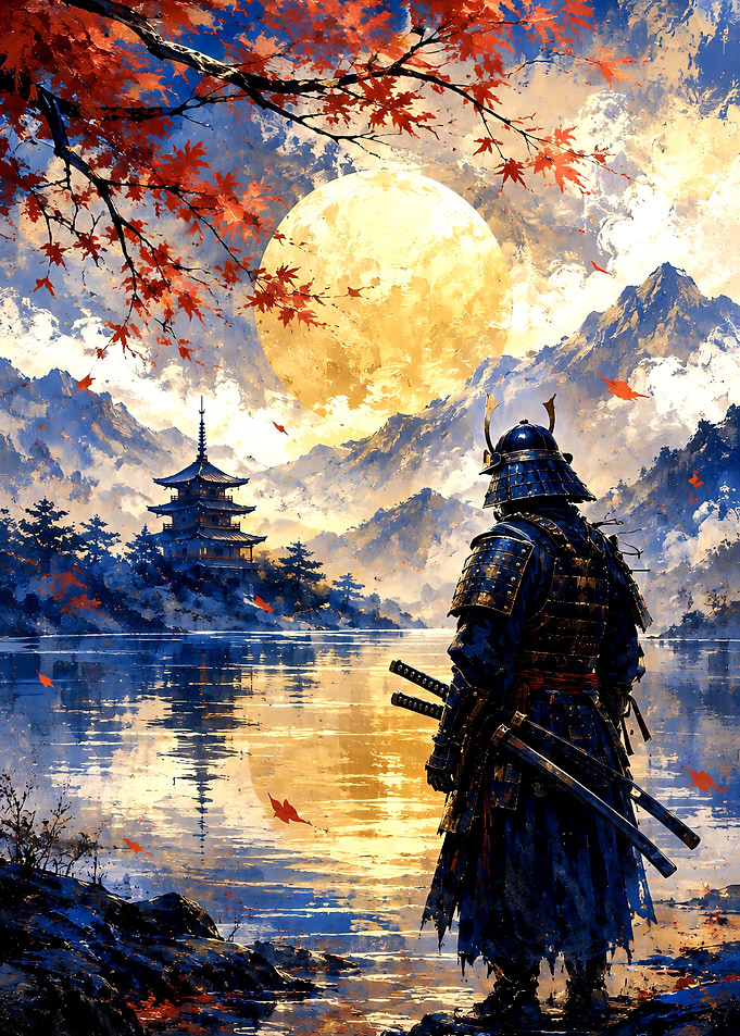 Samurai Standing Before Temple at Sunset