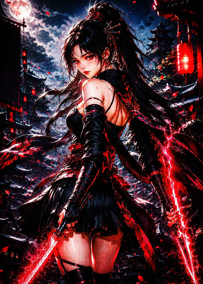 Anime Warrior Girl with Red Blades
