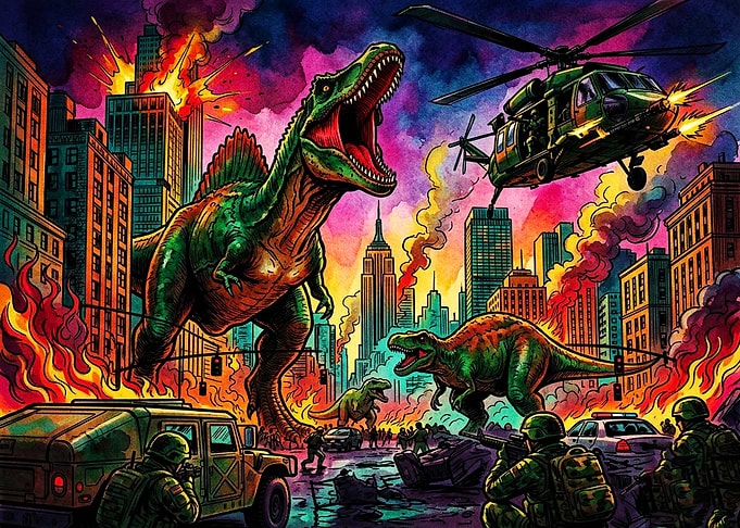 Dinosaurs Attacking a Burning City