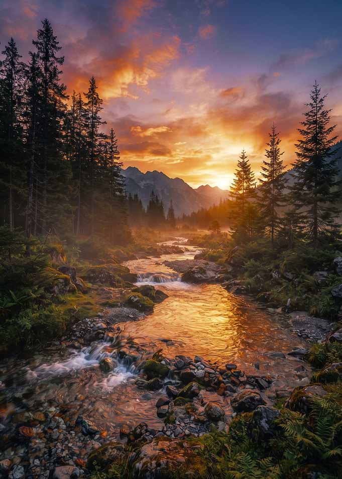 Golden Sunset Over Mountain Stream