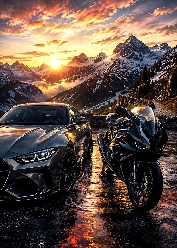 Luxury Car and Motorcycle at Sunset