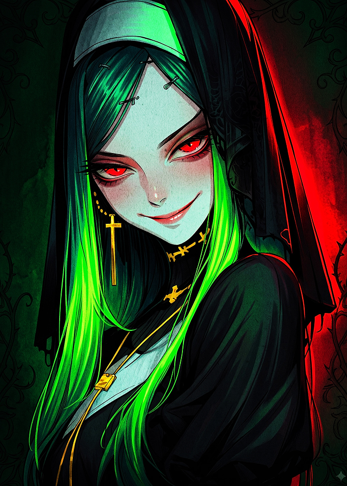 Gothic Anime Nun with Neon Hair