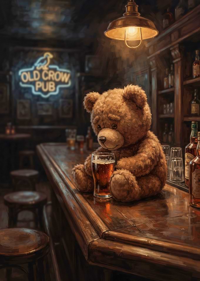 Teddy Bear Drinking at Old Crow Pub