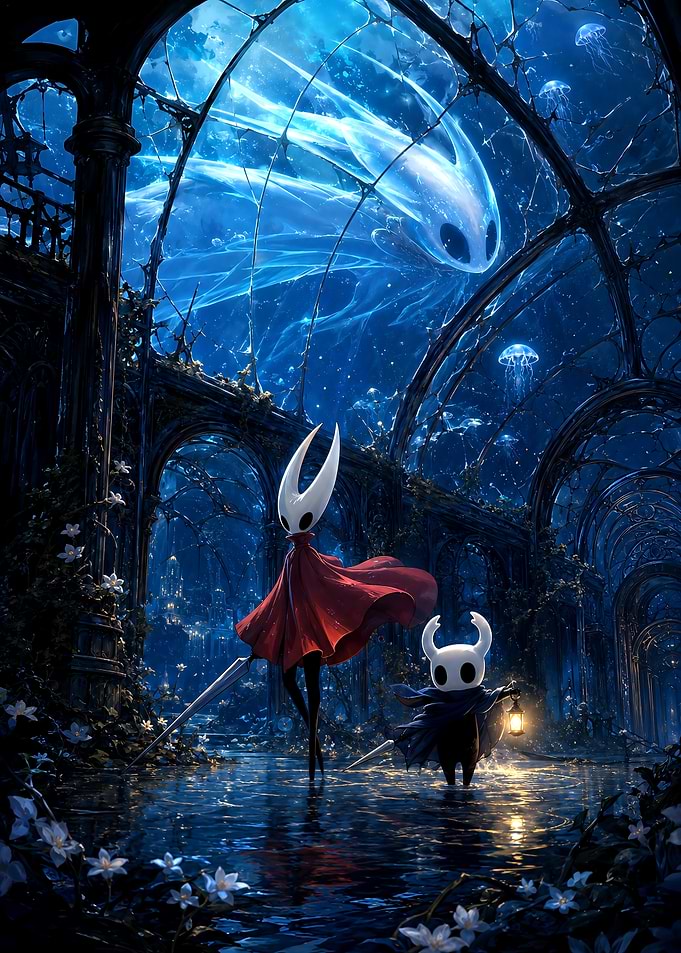 Hollow Knight and Hornet in Abyss