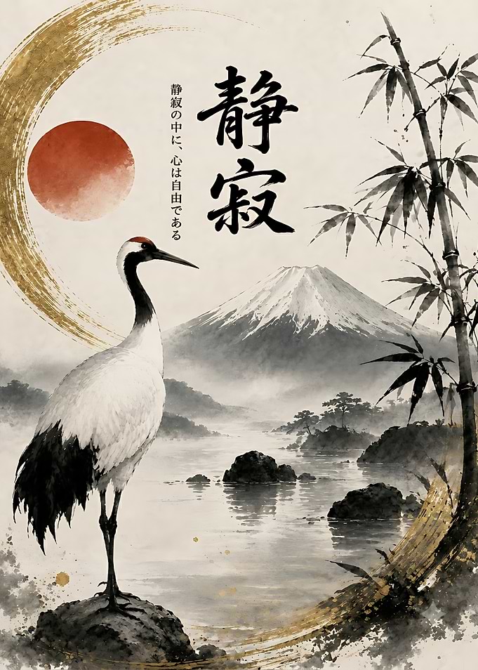 Japanese Crane and Mount Fuji Art