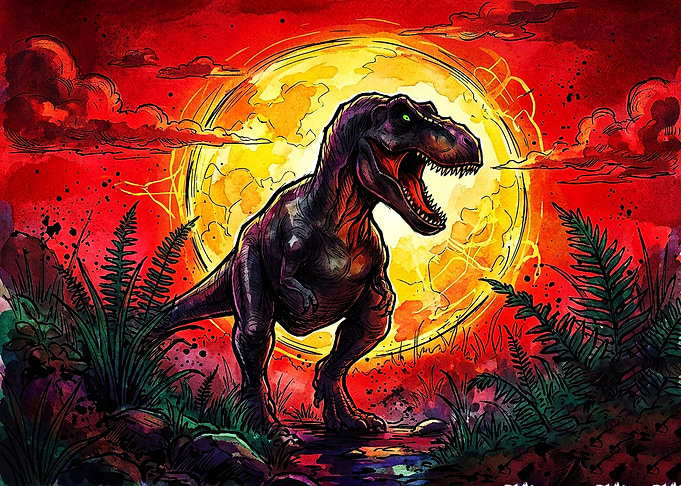 T-Rex Roaring Against Fiery Sun