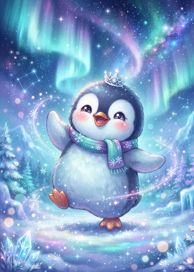 Cute Baby Penguin Under Aurora Borealis