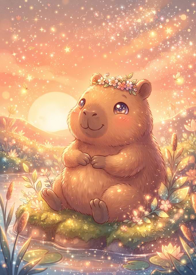 Cute Capybara in Magical Sunset