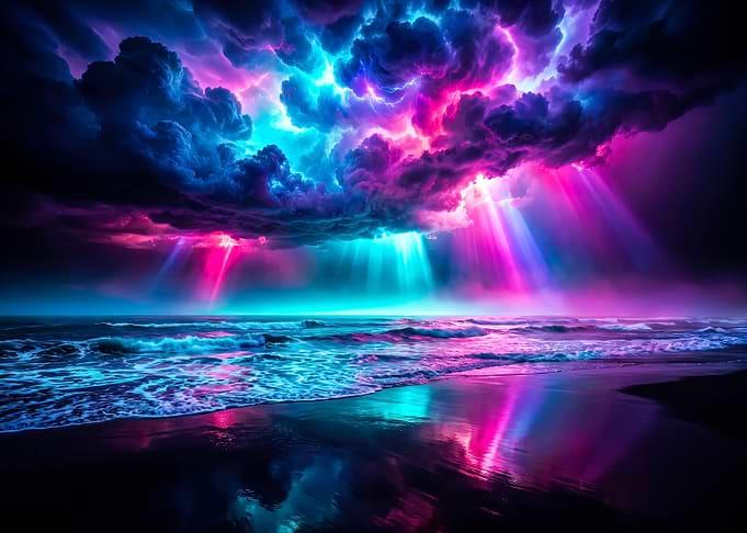 Neon Storm Over The Ocean