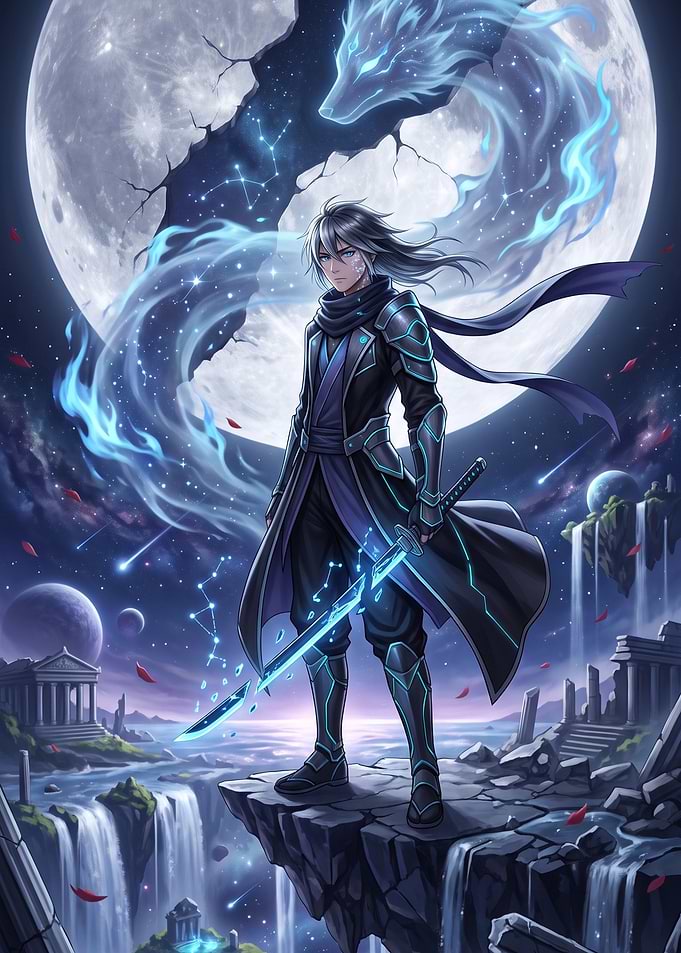 Anime Warrior with Celestial Wolf Spirit