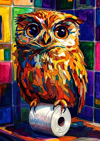Colorful Owl Perched on Toilet Paper