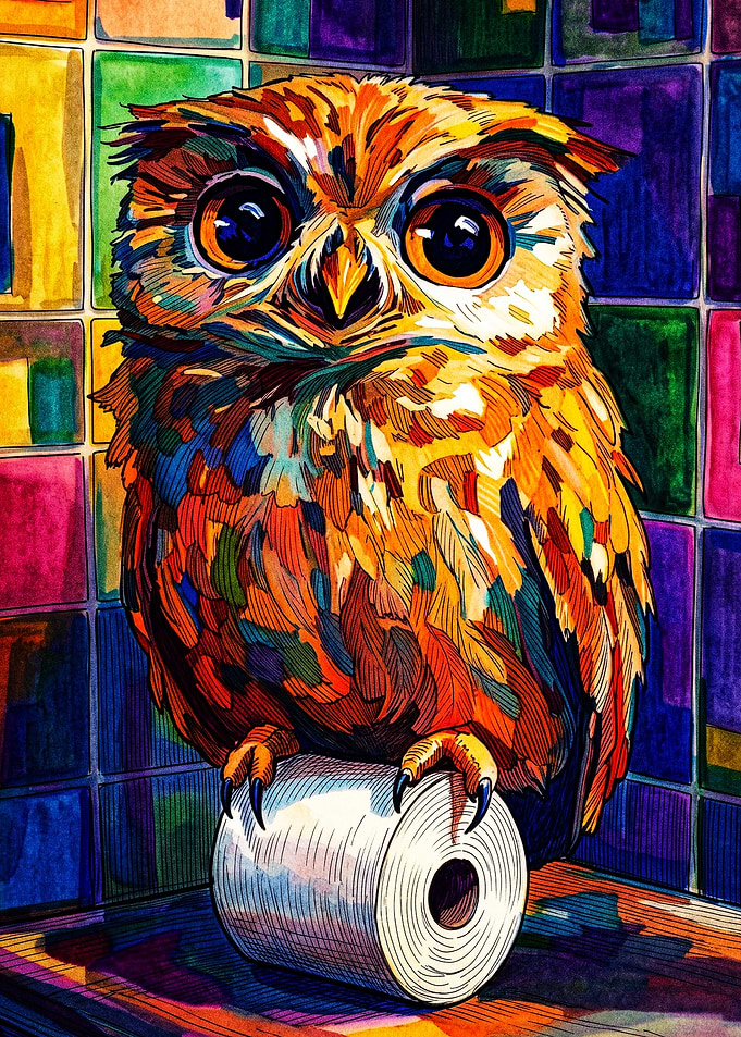 Colorful Owl Perched on Toilet Paper