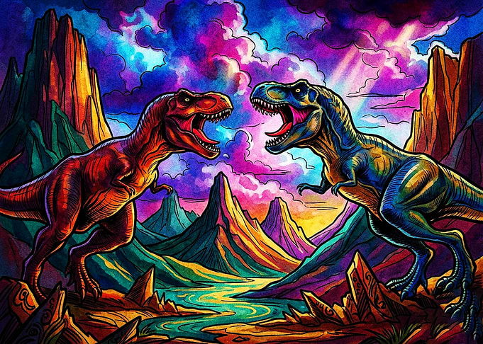 Psychedelic T-Rex Dinosaur Duel