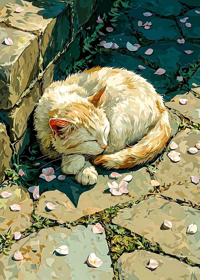 Sleeping Ginger Cat Amidst Cherry Blossoms