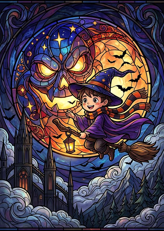 Stained Glass Wizard Flying on Broom