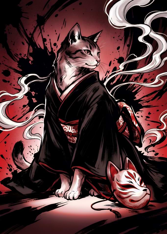 Cat in Kimono with Kitsune Mask