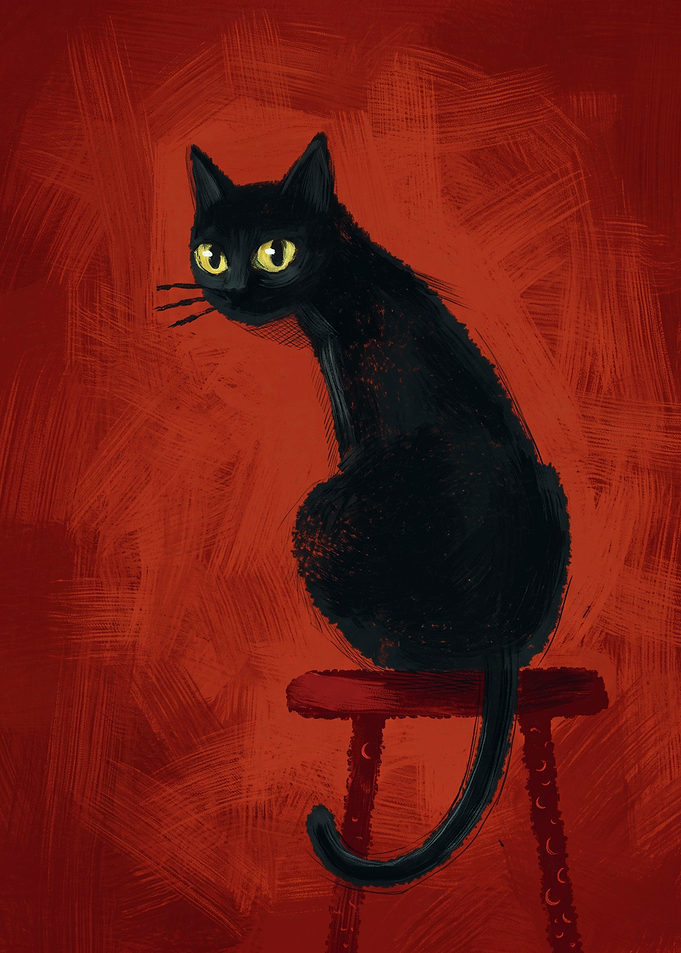 Black Cat Sitting On Red Stool Art