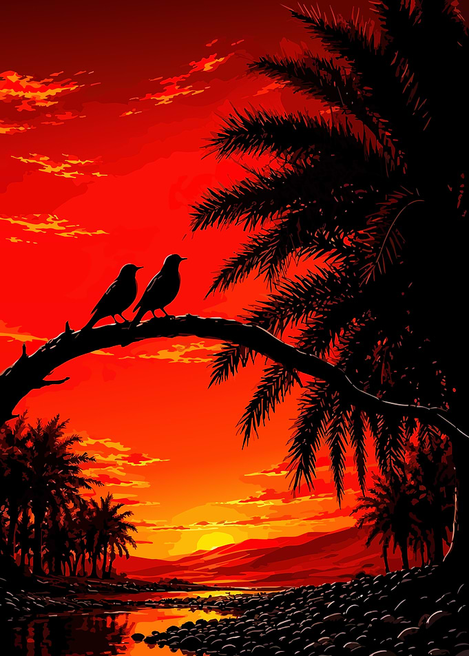 Two Birds on Palm Branch Sunset