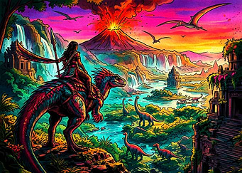 Warrior Riding Dinosaur in Prehistoric Jungle
