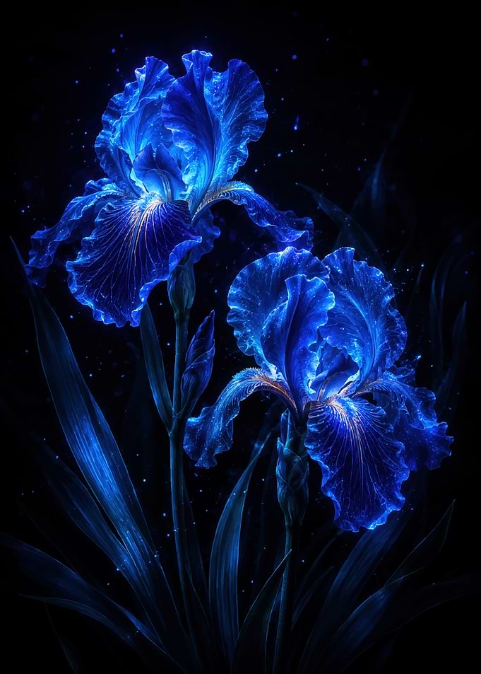 Glowing Bioluminescent Blue Iris Flowers