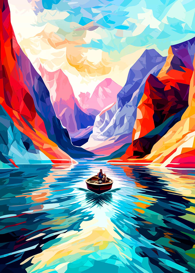 Colorful Abstract Mountain Lake Landscape