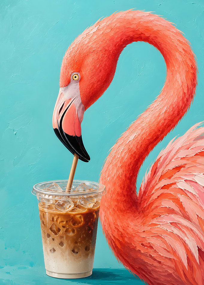 Flamingo Drinking Iced Coffee