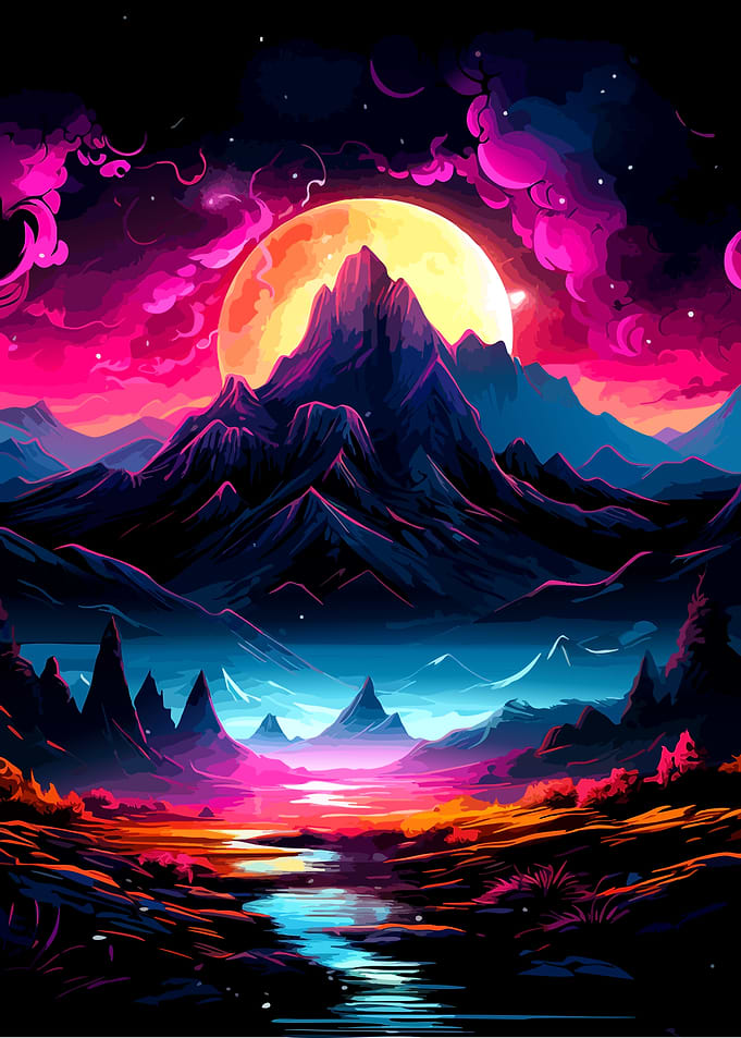 Vibrant Neon Mountain Landscape
