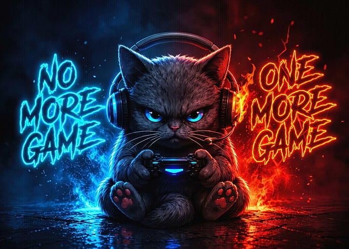 Neon Gamer Cat One More Game Funny Gaming