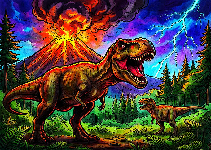 T-Rex Dinosaurs Near Erupting Volcano