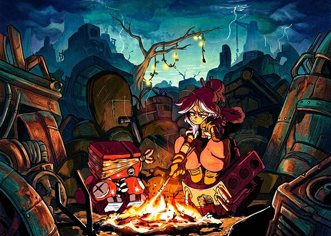 Girl and Robot by Campfire