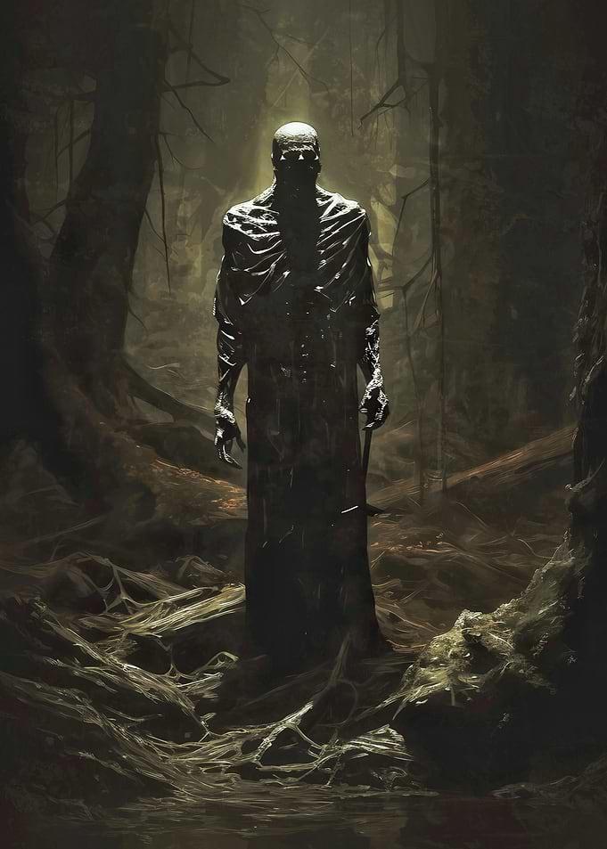 Dark hooded figure in misty forest