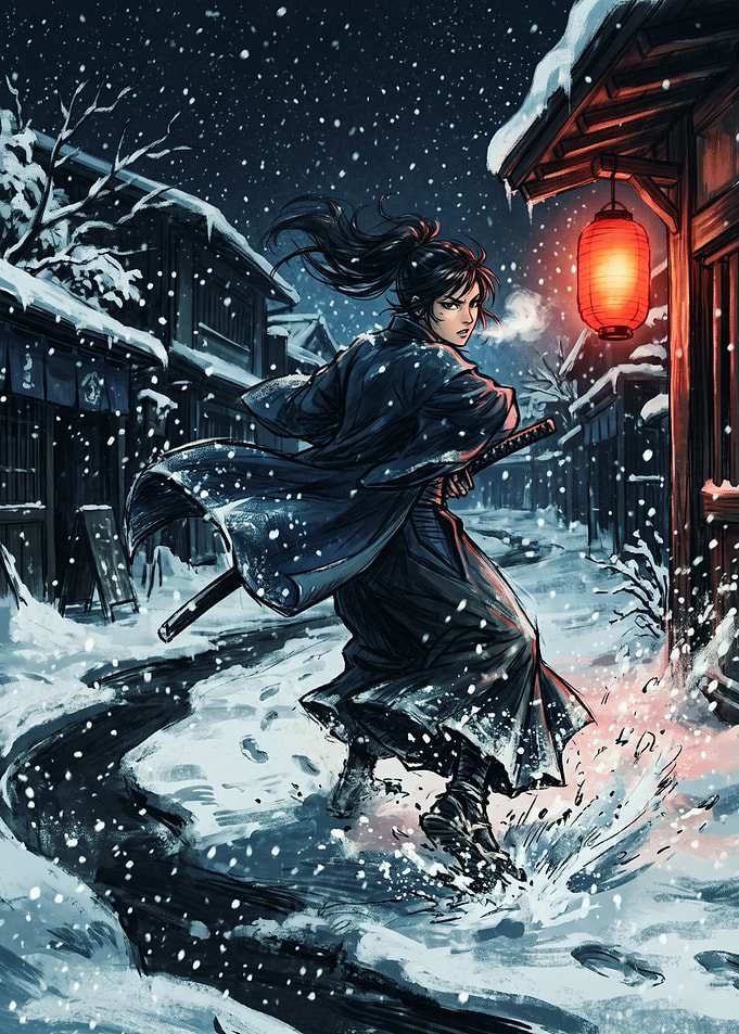 Samurai Warrior in Snowy Village