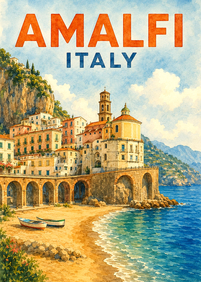 Amalfi Italy Vintage Travel Poster | Watercolor Amalfi Coast Wall Art