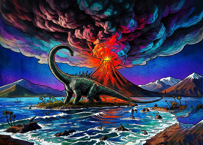 Dinosaur and Volcanic Eruption Landscape