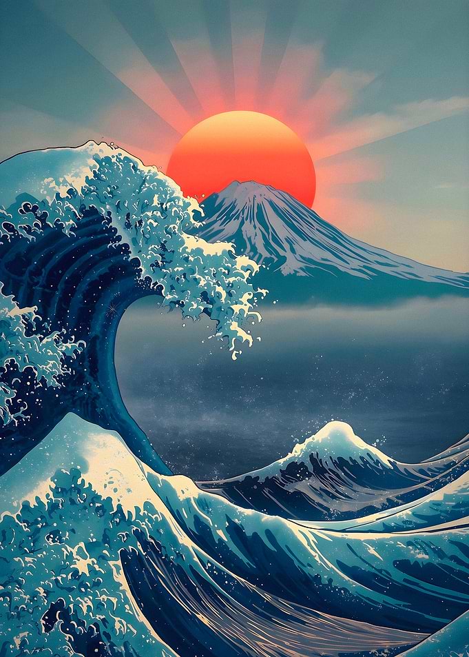 Great Wave and Mount Fuji Sunset