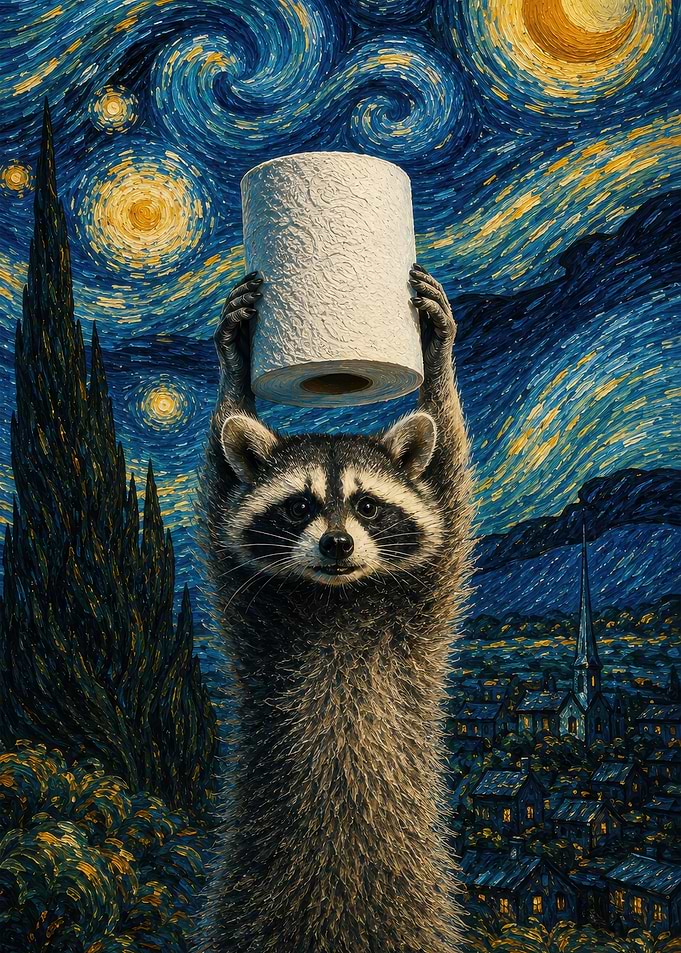 Raccoon Holding Toilet Paper Starry Night