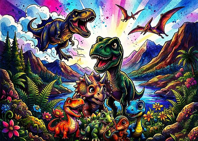 Vibrant Cartoon Dinosaur Jungle Scene