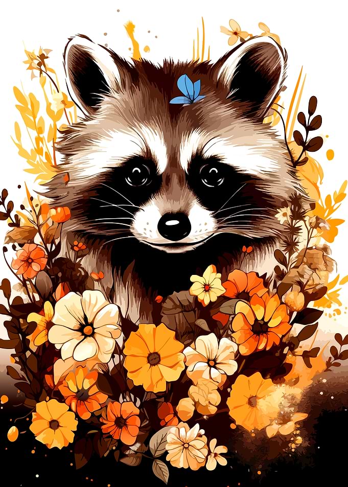 Cute Raccoon Surrounded by Autumn Flowers