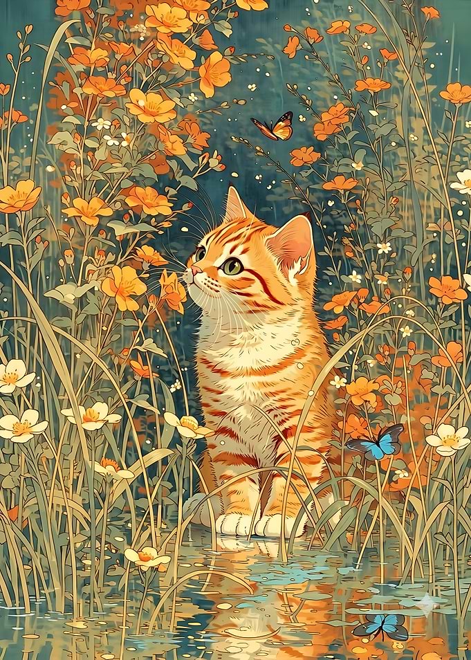 Orange Tabby Cat in Flower Meadow