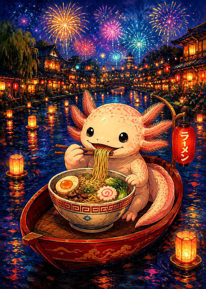 Axolotl Eating Ramen Under Fireworks