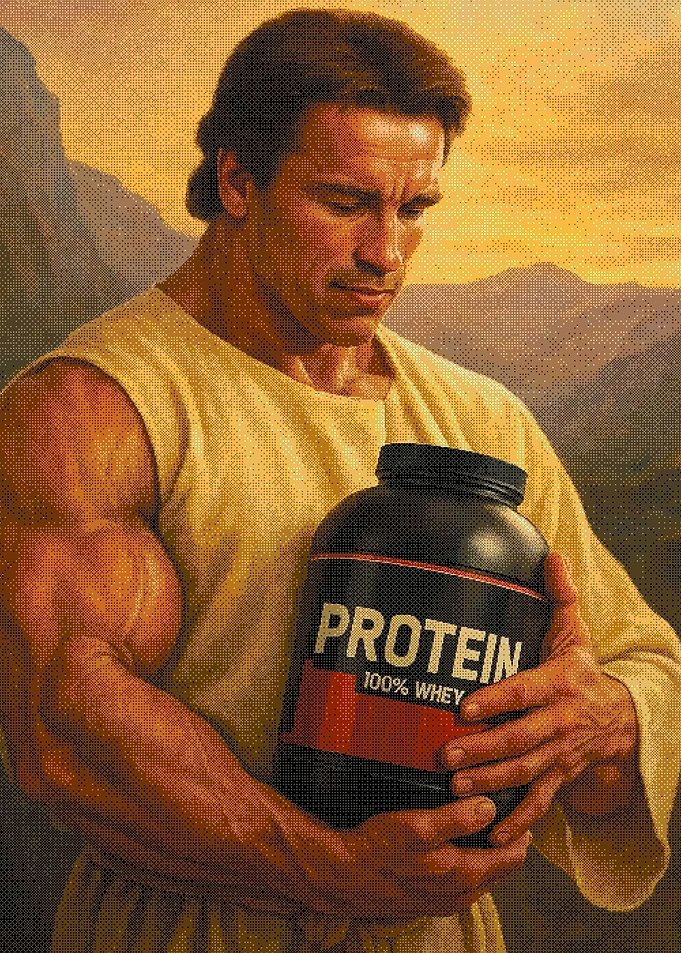 Arnold Schwarzenegger Holding Protein Powder