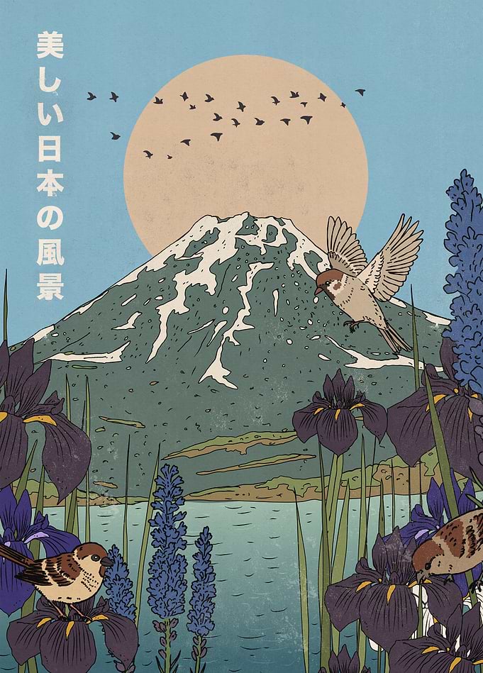 Mount Fuji's Serenity with Sparrows