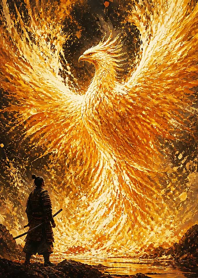 Samurai Facing a Fiery Phoenix
