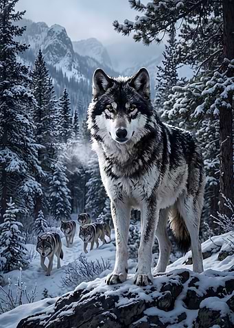 Majestic Wolf Pack in Winter Forest