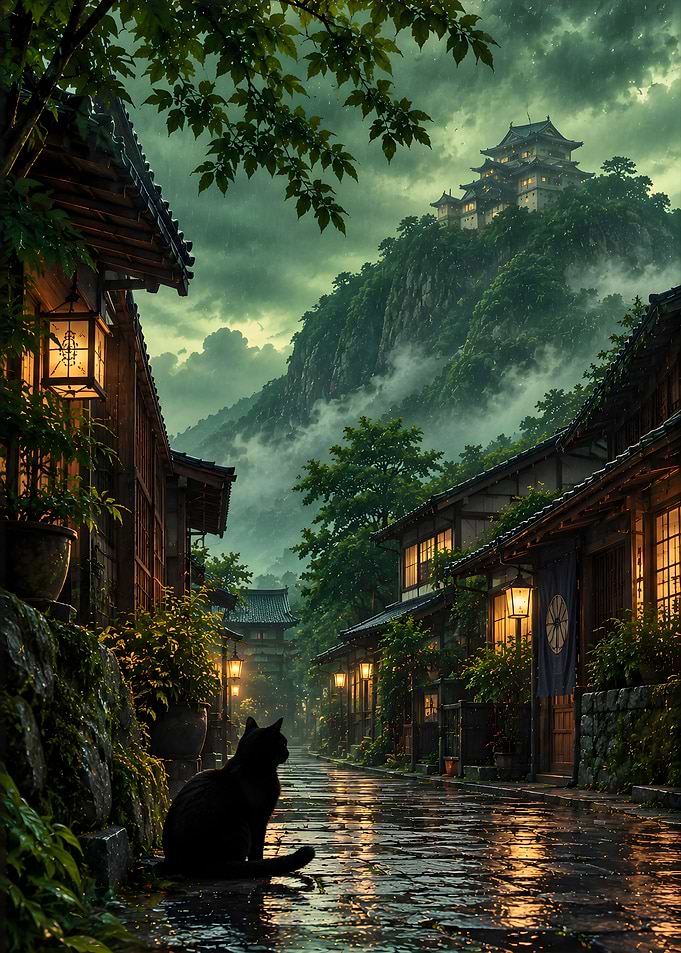 Black Cat in Misty Japanese Village