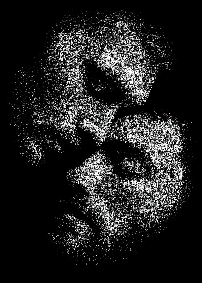 Black and white stippling dotwork men intimate portraits