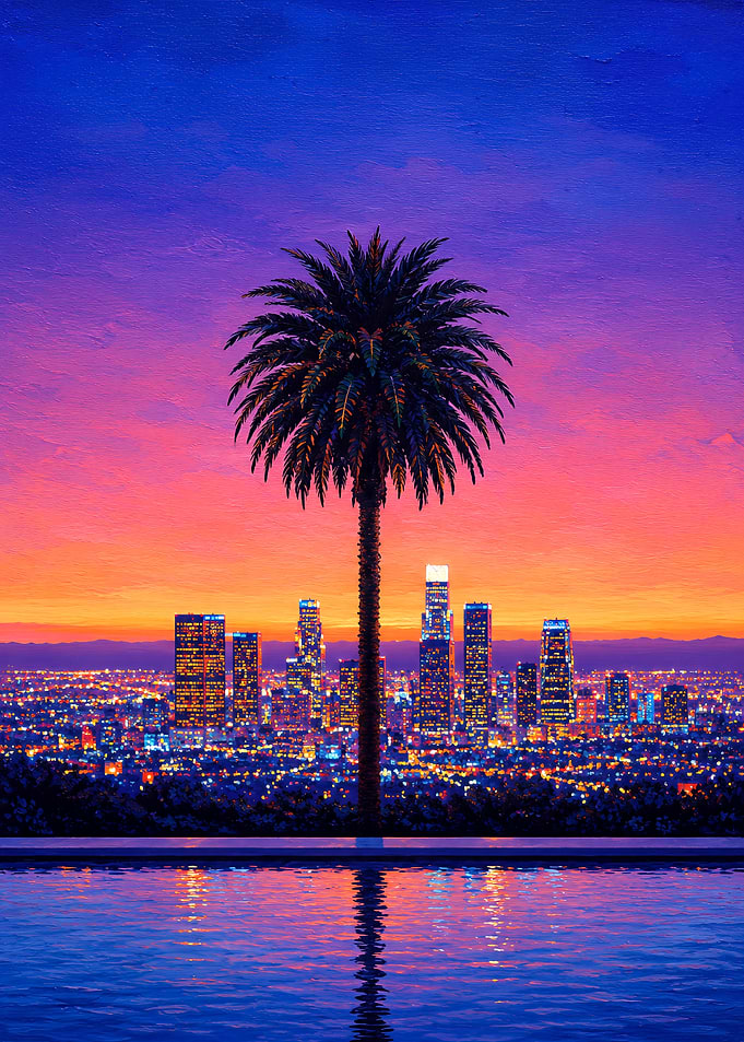 Los Angeles Skyline Sunset Palm Tree