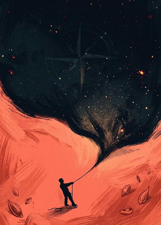 Surreal Man Pulling Down Starry Night Sky